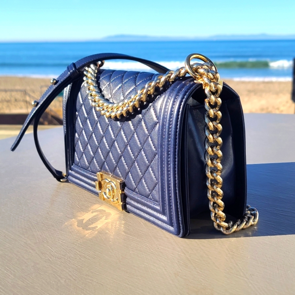 ** SOLD **Chanel Le Boy Quilted Bag 💛 Bright Gold and Navy Blue 💙 Medium Size.